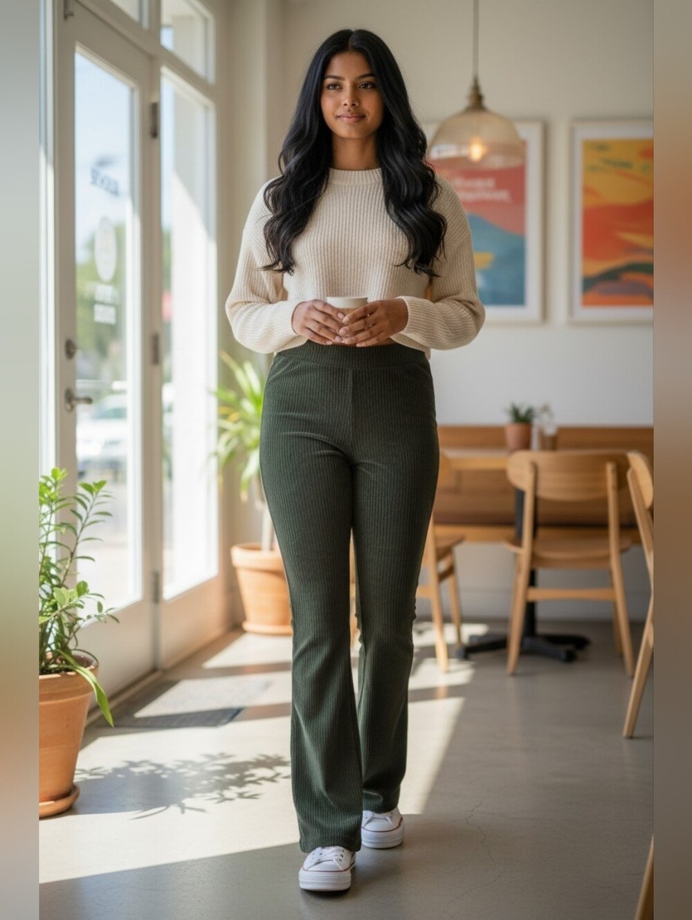 aerie Velour Ribbed High-Rise Flare Pants in Olive Green SZ L